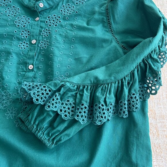 J Crew Ruffle-sleeve Blouse/Shirt/Top with Embroidered Eyelet Forest Green Small - Picture 7 of 8